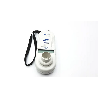 White handheld MicroRPM respiratory muscle testing breathalyzer with black wrist strap and circular mouthpiece