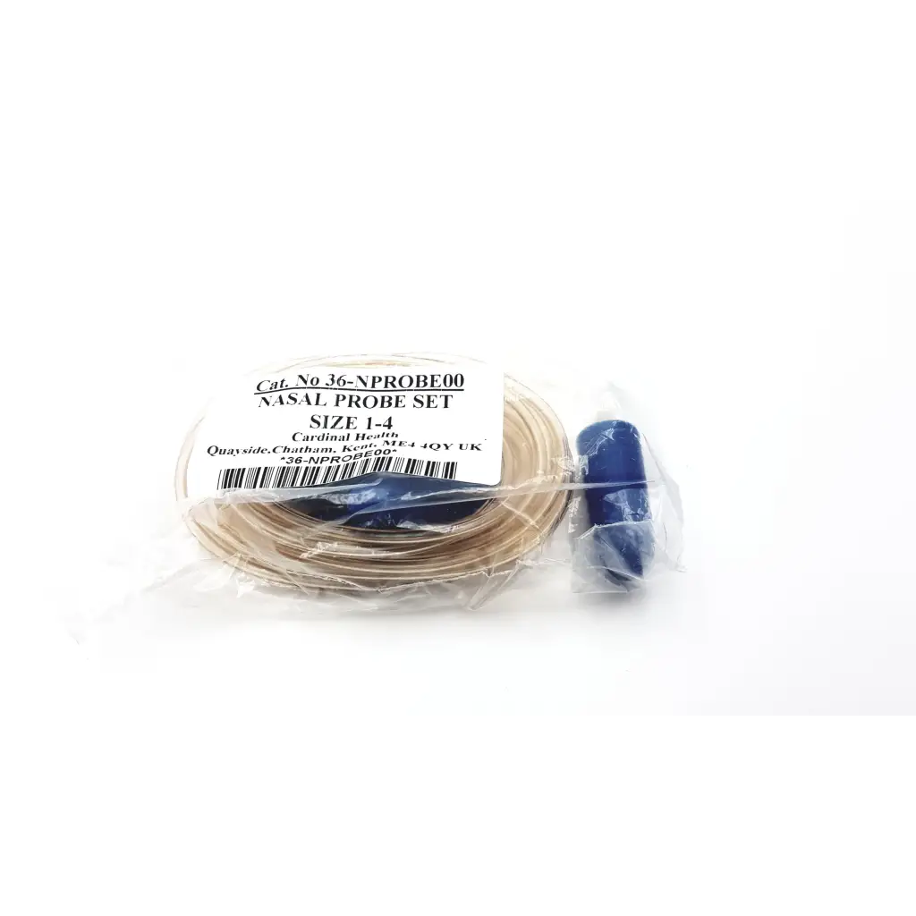 A coiled beige nasal probe set with a blue cap in clear plastic for microrpm respiratory muscle testing