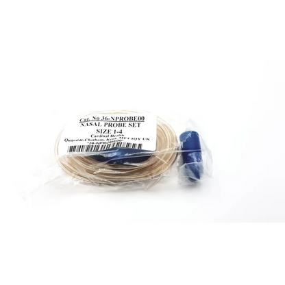 A coiled beige nasal probe set with a blue cap in clear plastic for microrpm respiratory muscle testing