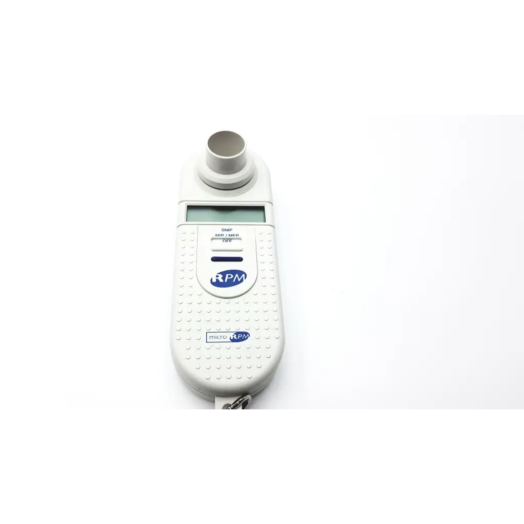 White plastic rpm micro-rpm handheld tachometer with digital display and textured grip for microrpm respiratory muscle testing