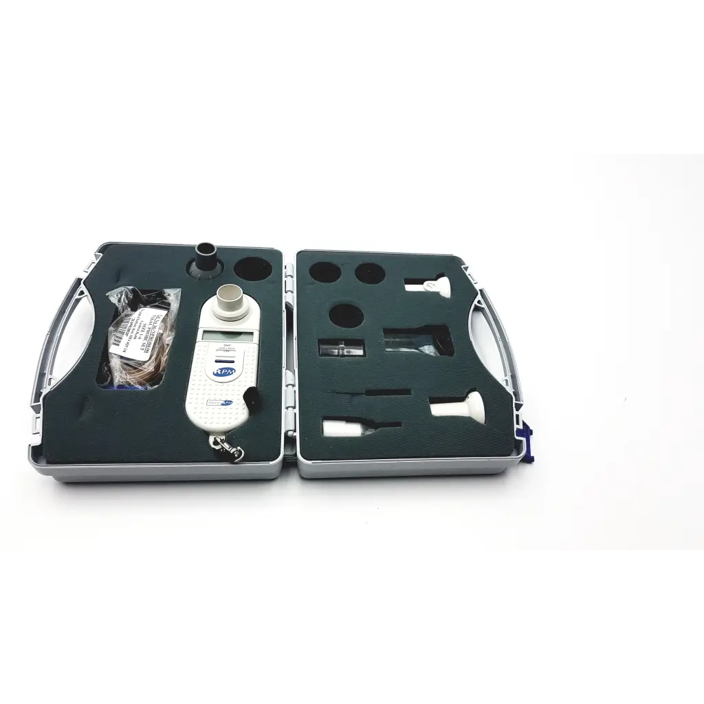 White handheld spirometer with black accents and digital display in open case for microrpm respiratory muscle testing