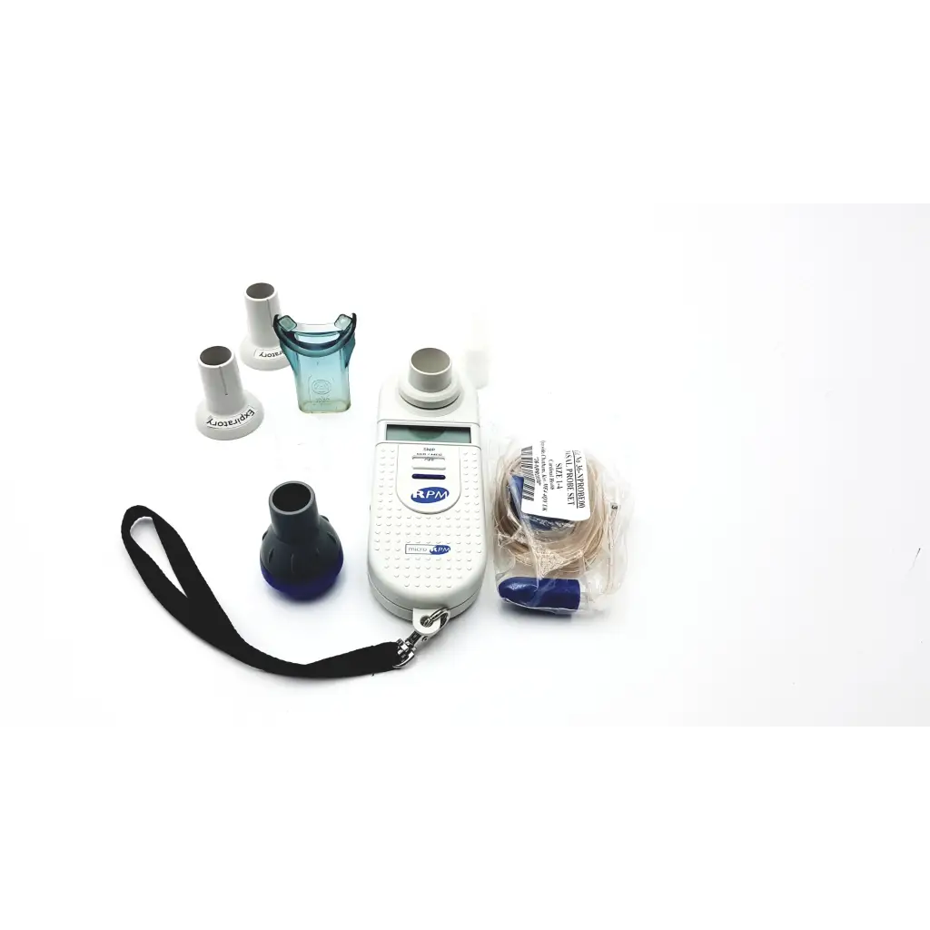 White handheld microrpm respiratory muscle spirometer with digital display and black wrist strap for respiratory muscle testing
