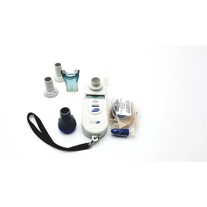 White handheld microrpm respiratory muscle spirometer with digital display and black wrist strap for respiratory muscle testing
