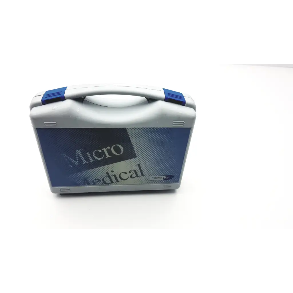 Gray plastic microrpm respiratory muscle testing case with blue accents and micro medical logo on front