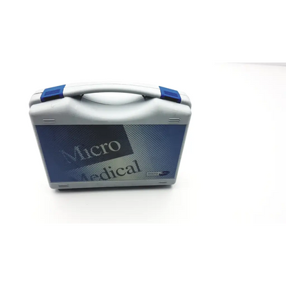 Gray plastic microrpm respiratory muscle testing case with blue accents and micro medical logo on front