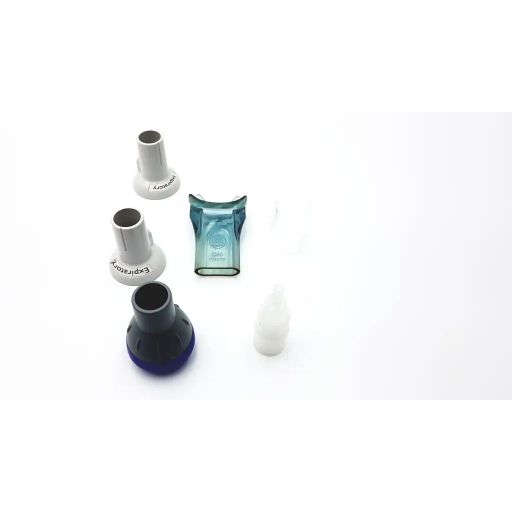 Blue and black plastic expiratory valve with translucent teal mouthpiece cap for microrpm respiratory muscle testing