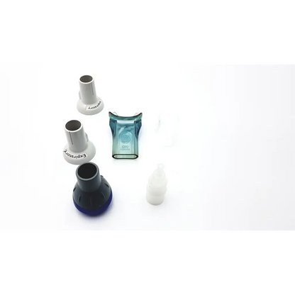Blue and black plastic expiratory valve with translucent teal mouthpiece cap for microrpm respiratory muscle testing