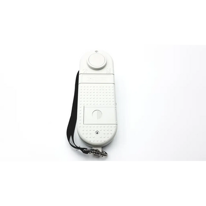 White plastic microrpm respiratory muscle testing device with textured grip and black wrist strap handheld tool