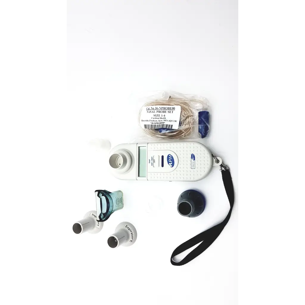 White handheld microrpm respiratory muscle viscometer with black strap and probes for respiratory muscle testing