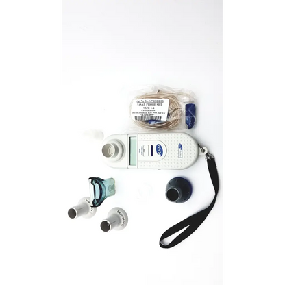 White handheld microrpm respiratory muscle viscometer with black strap and probes for respiratory muscle testing