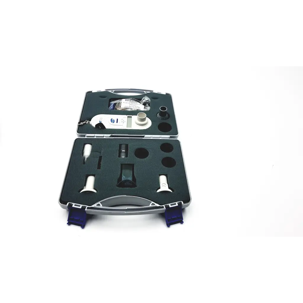Silver and black portable breathalyzer kit with accessories in a molded case for microrpm respiratory muscle testing