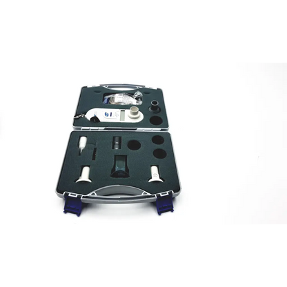Silver and black portable breathalyzer kit with accessories in a molded case for microrpm respiratory muscle testing