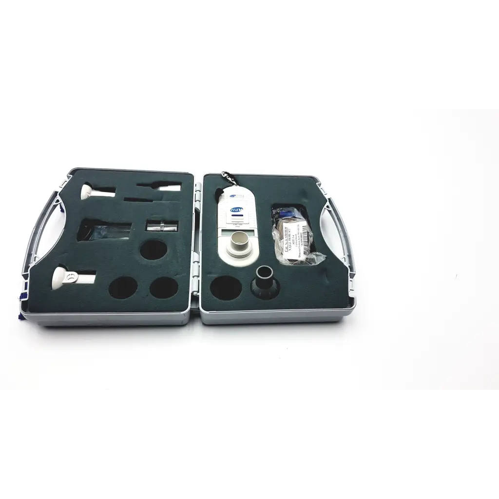 White and silver medical otoscope set in black foam-lined case for microrpm respiratory muscle testing use