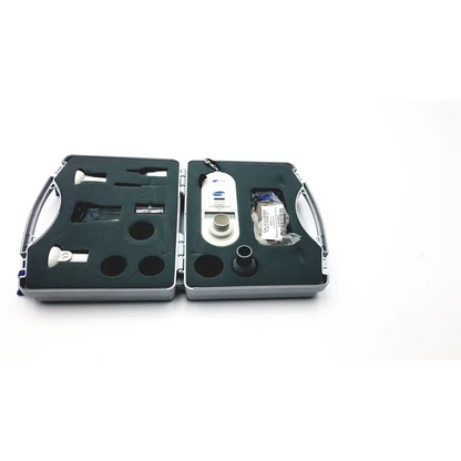 White and silver medical otoscope set in black foam-lined case for microrpm respiratory muscle testing use