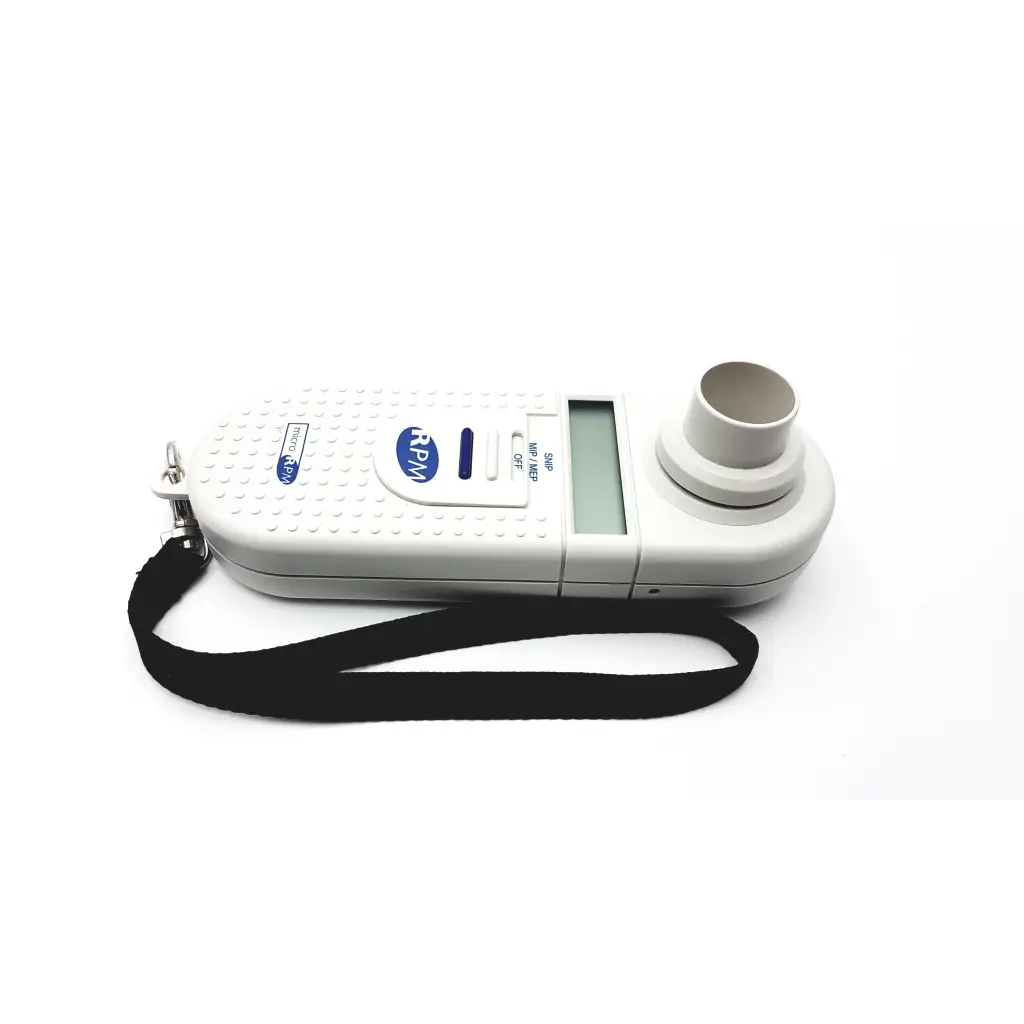 White plastic microrpm respiratory muscle spirometer with black wrist strap and blue branding for respiratory muscle testing