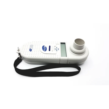 White plastic microrpm respiratory muscle spirometer with black wrist strap and blue branding for respiratory muscle testing