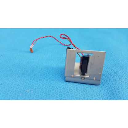 Silver metallic microswitch limit sensor with visible internals and red-white wire for retinal camera bracket assembly