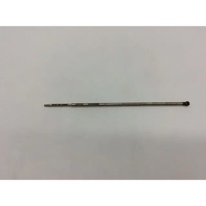 A slender metallic midas rex 14ba50 stainless surgical drill bit with pointed tip and rounded end cap