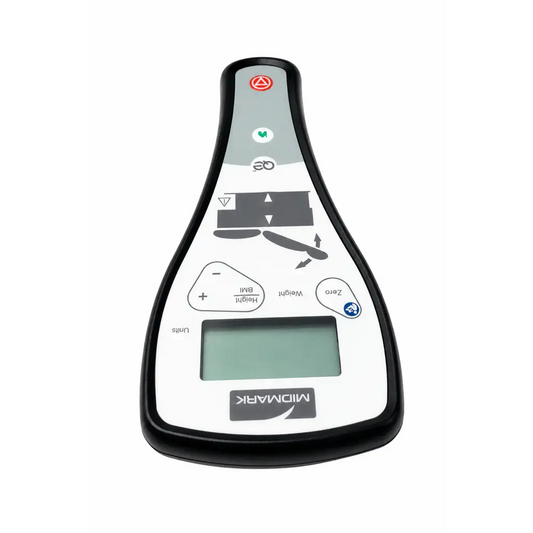 Midmark 002-1076-03 IQ table control pendant in black and white with gray panel and buttons for weight and zeroing adjustment