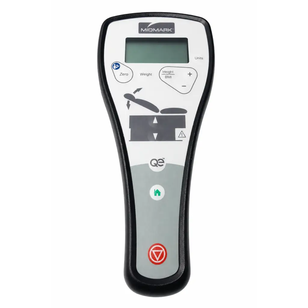 Midmark handheld controller biomed certified with white gray plastic housing black edges and digital weight height bmi display