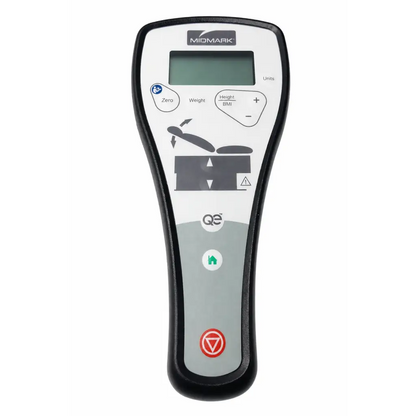 Midmark handheld controller with white gray plastic housing black edges and digital weight height bmi display