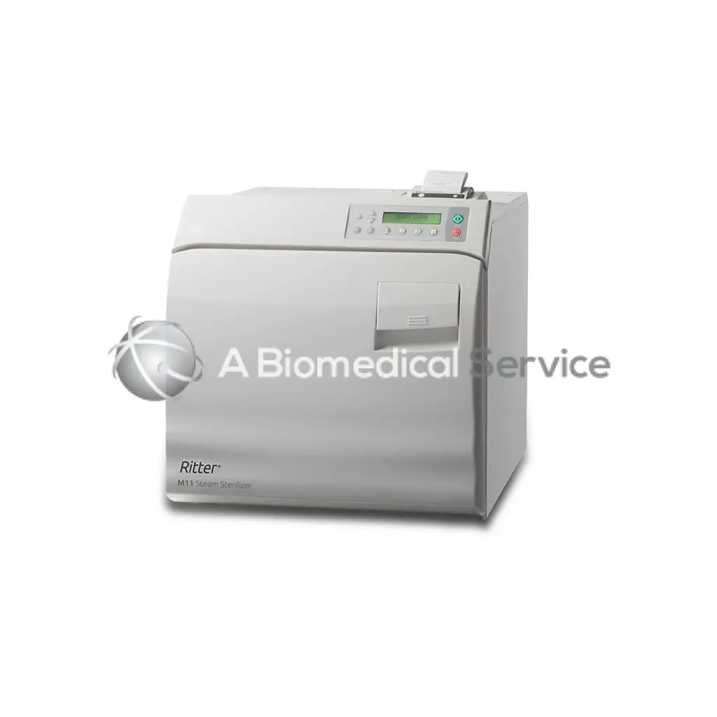 Silver midmark ritter m11 steam sterilizer with digital control panel and door handle for biomedical service use