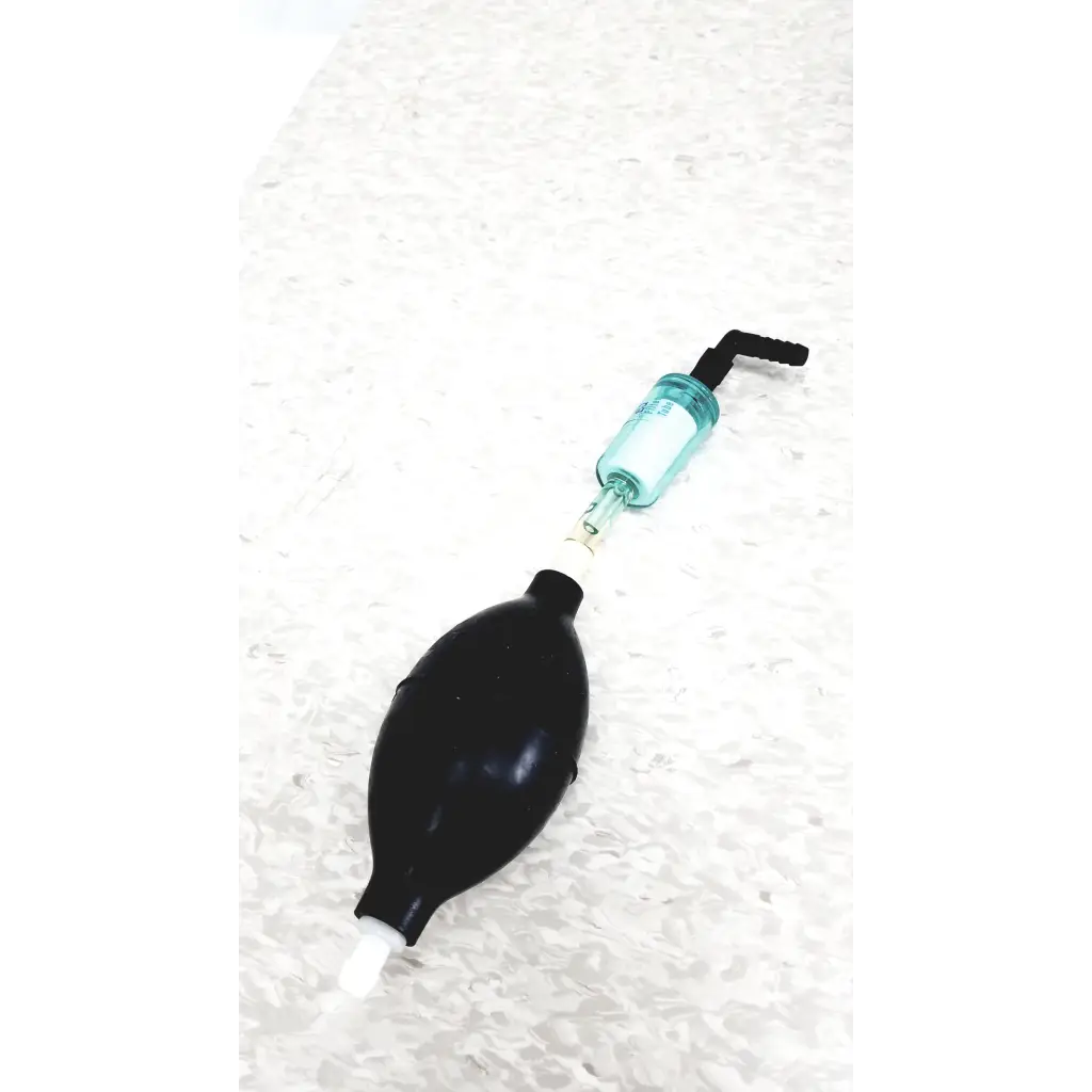 Black rubber bulb with translucent teal glass tube and black plastic nozzle for mie personal aerosol monitor industrial hygiene use