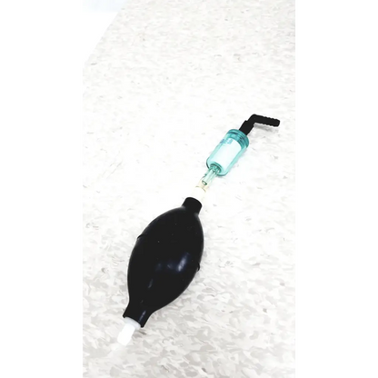 Black rubber bulb with translucent teal glass tube and black plastic nozzle for mie personal aerosol monitor industrial hygiene use