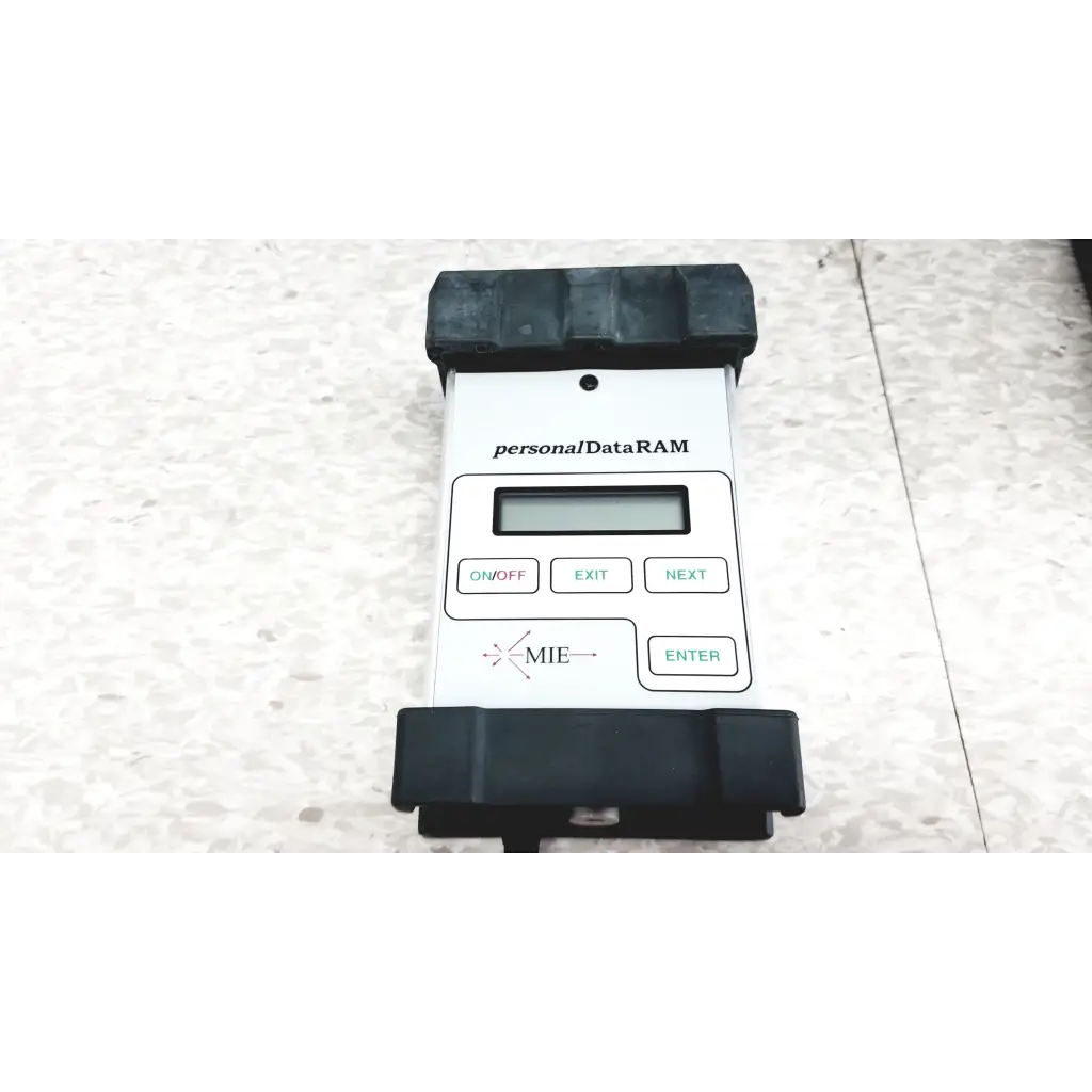 White mie personal data ram PDR-1000 aerosol monitor with black grips, digital screen, and labeled industrial hygiene buttons