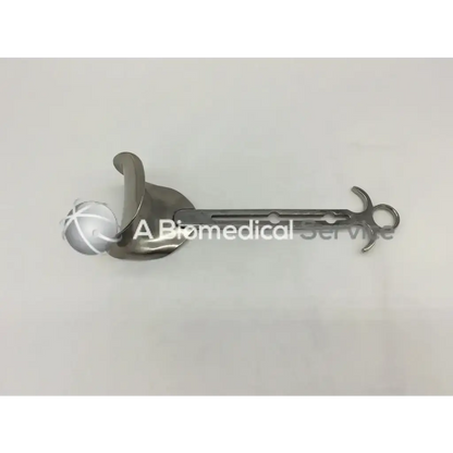 Stainless steel balfour center blade with curved u-shaped blade and elongated handle with two circular holes