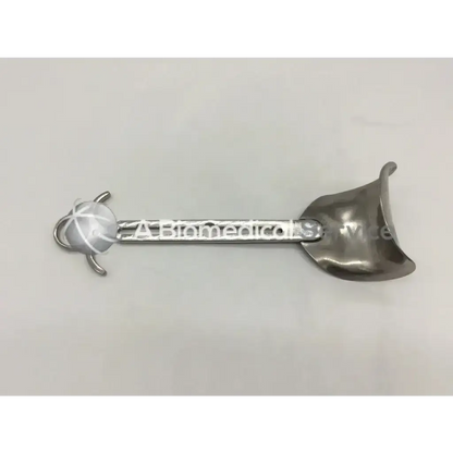 Silver stainless steel balfour center blade dental spoon with curved bowl end and engraved a biomedical handle