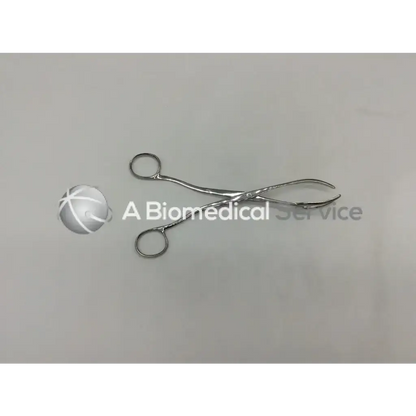 Stainless steel miltex vantage v93-10 sterilizer forceps with curved tips and circular handles for surgical use