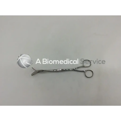 Silver miltex vantage v93-10 sterilizer forceps with curved serrated tips and circular finger loops for medical use