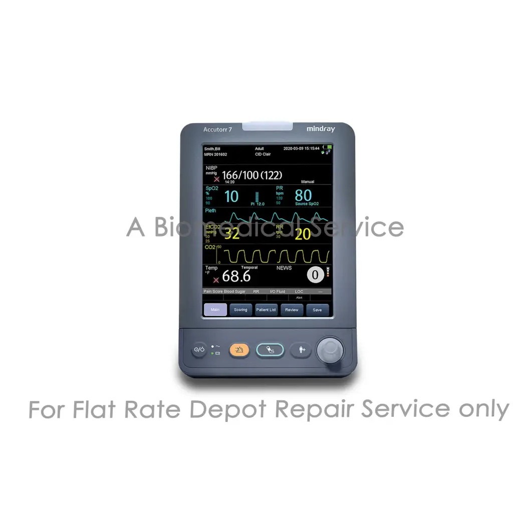 Gray rectangular mindray accustar 7 medical monitor with touchscreen showing vital signs for accutorr 7 repair service