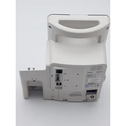 White plastic mindray accutorr 7 vital signs monitor back panel showing ports and ventilation grilles with handle