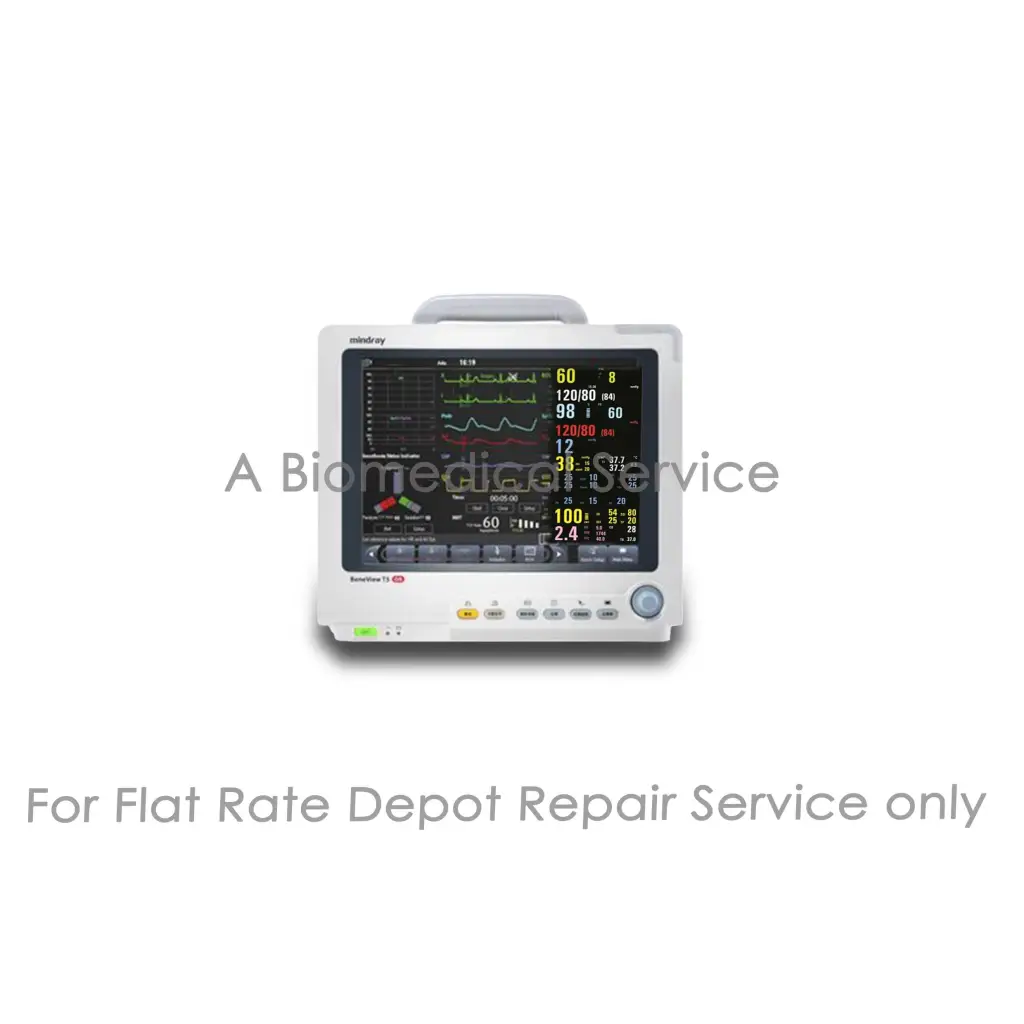 White Mindray BeneView T6 patient monitor with digital display showing vital signs waveforms for medical equipment repair service