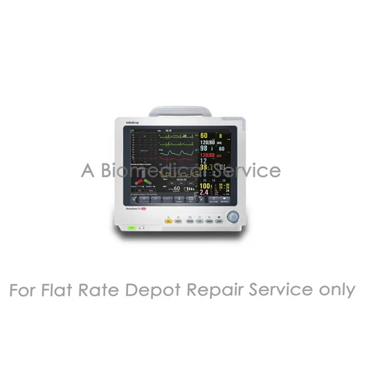 White Mindray BeneView T6 patient monitor with digital display showing vital signs waveforms for medical equipment repair service