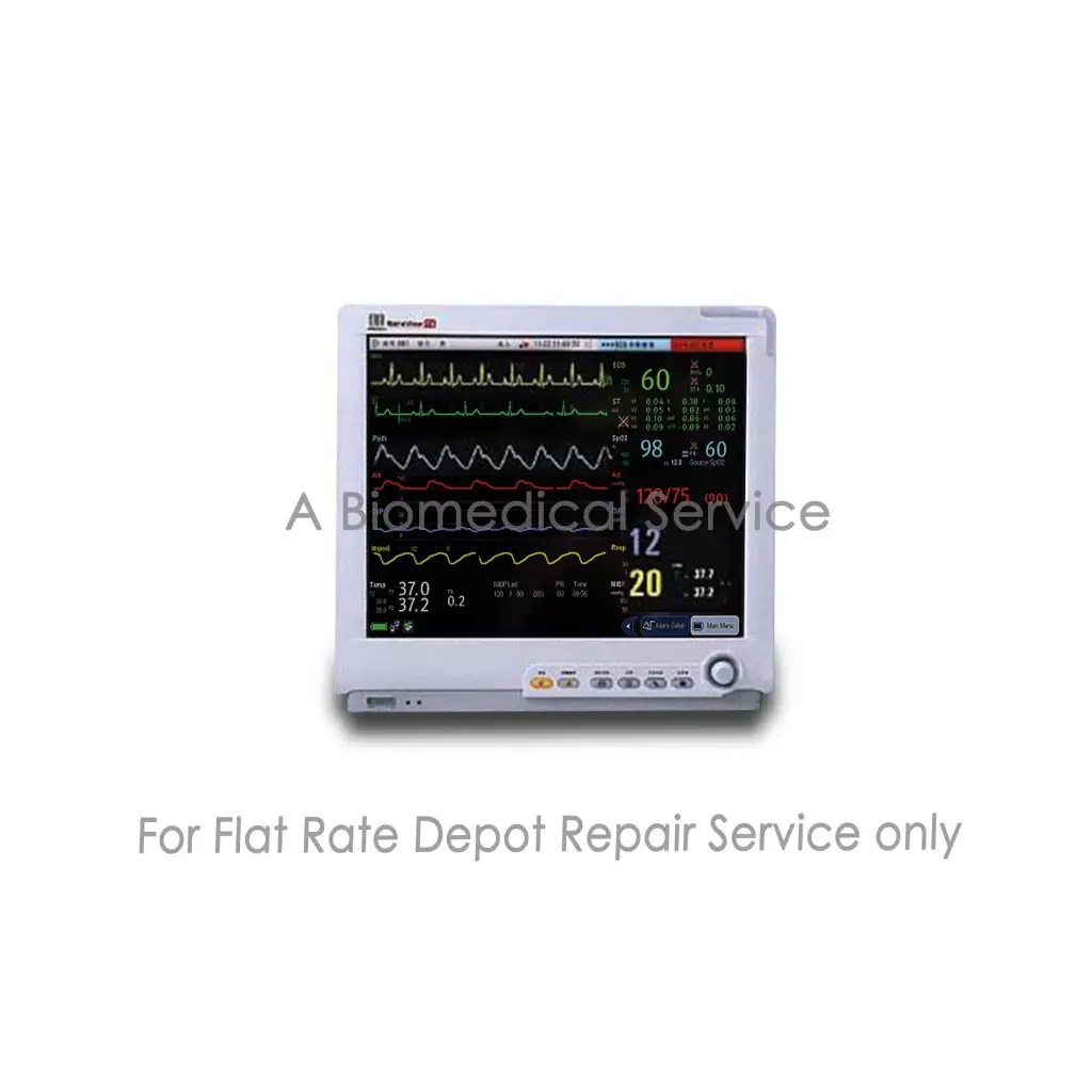 White rectangular mindray beneview t8 modular patient monitor displaying vital signs for medical equipment repair service
