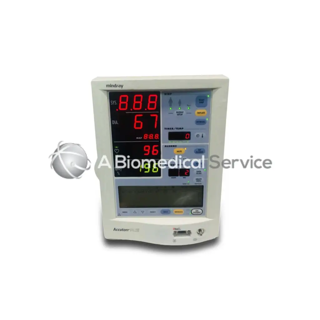 White mindray datascope accutorr plus patient monitor with digital display showing vital signs in red and green numerals