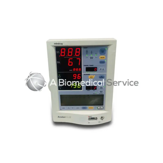 White mindray datascope accutorr plus patient monitor with digital display showing vital signs in red and green numerals