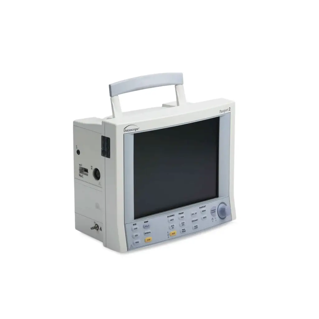 White mindray datascope passport 2 portable patient monitor with handle and control panel for medical equipment repair service