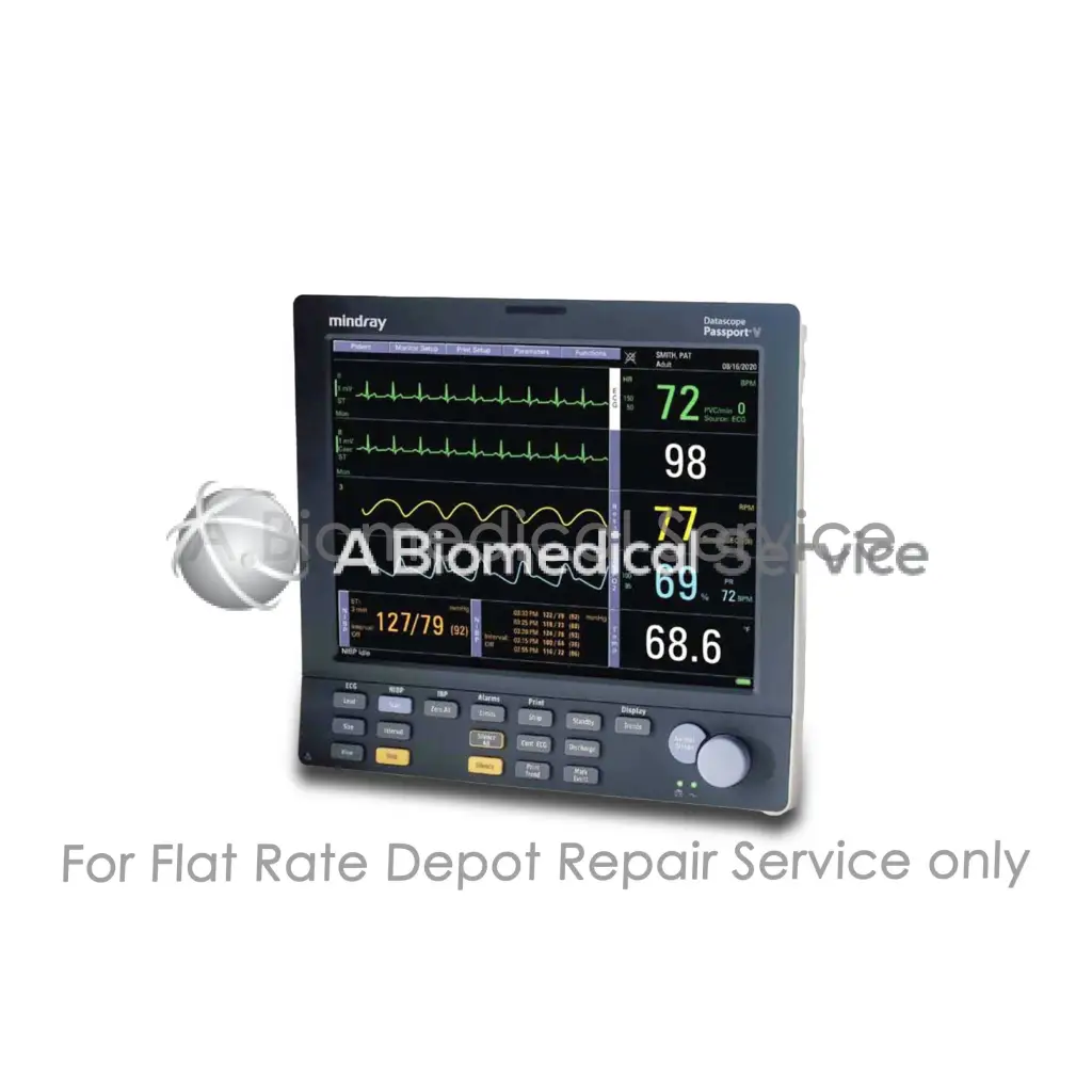 Black mindray datascope passport v patient monitor with digital display showing vital signs for medical equipment repair service