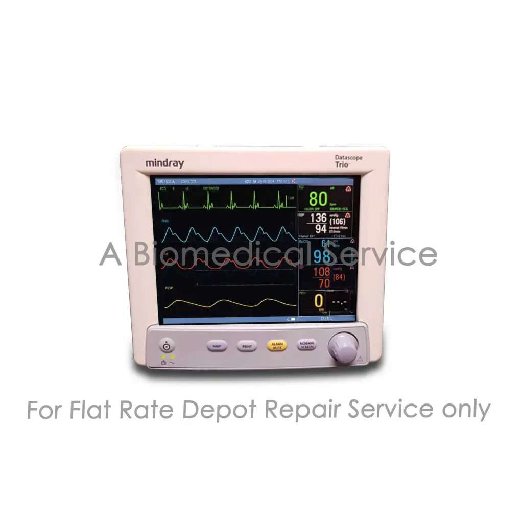Cream-colored mindray datascope trio patient monitor with digital display showing vital signs for repair service medical equipment