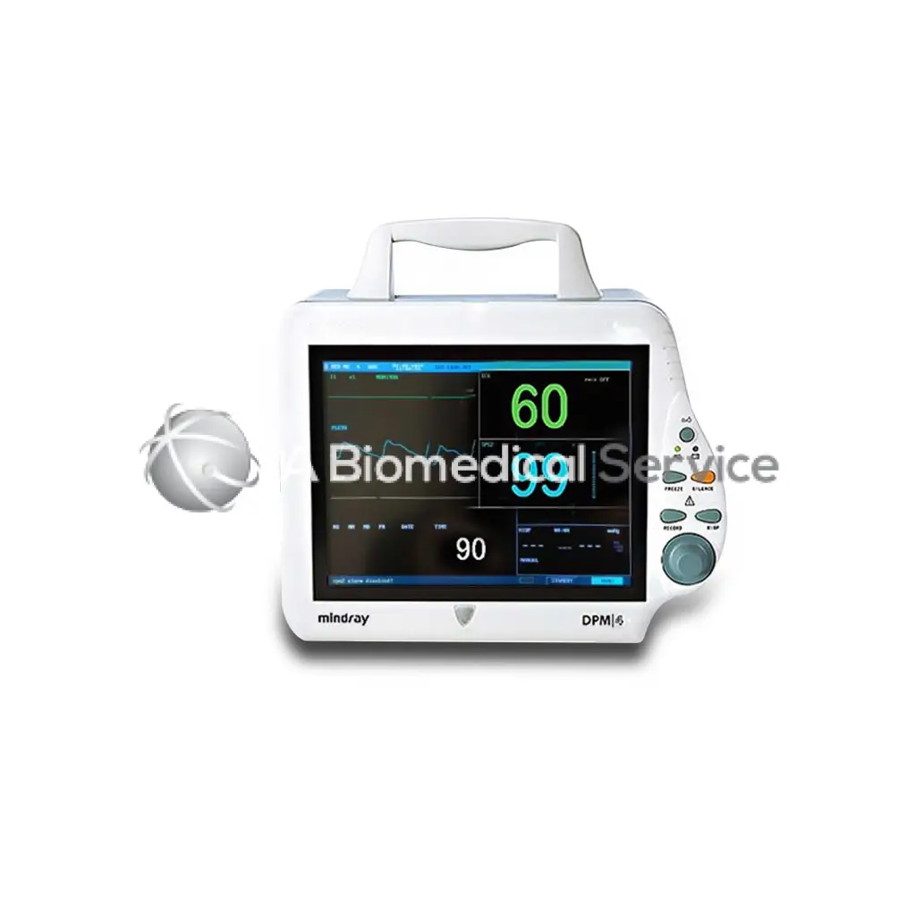 White mindray dpm4 multiparameter monitor with touchscreen and side control buttons showing vital signs display