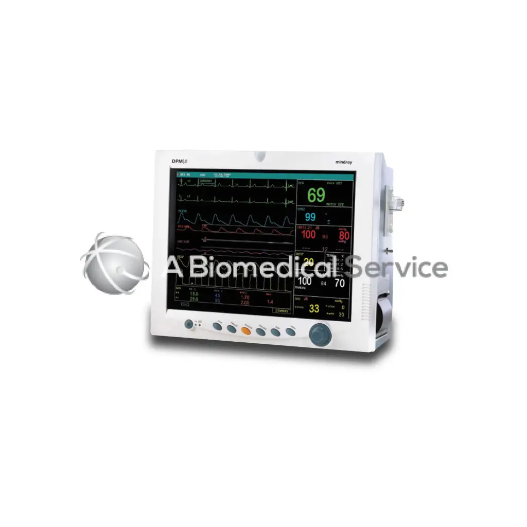 White mindray dpm5 patient monitor with digital screen and control buttons displaying vital signs