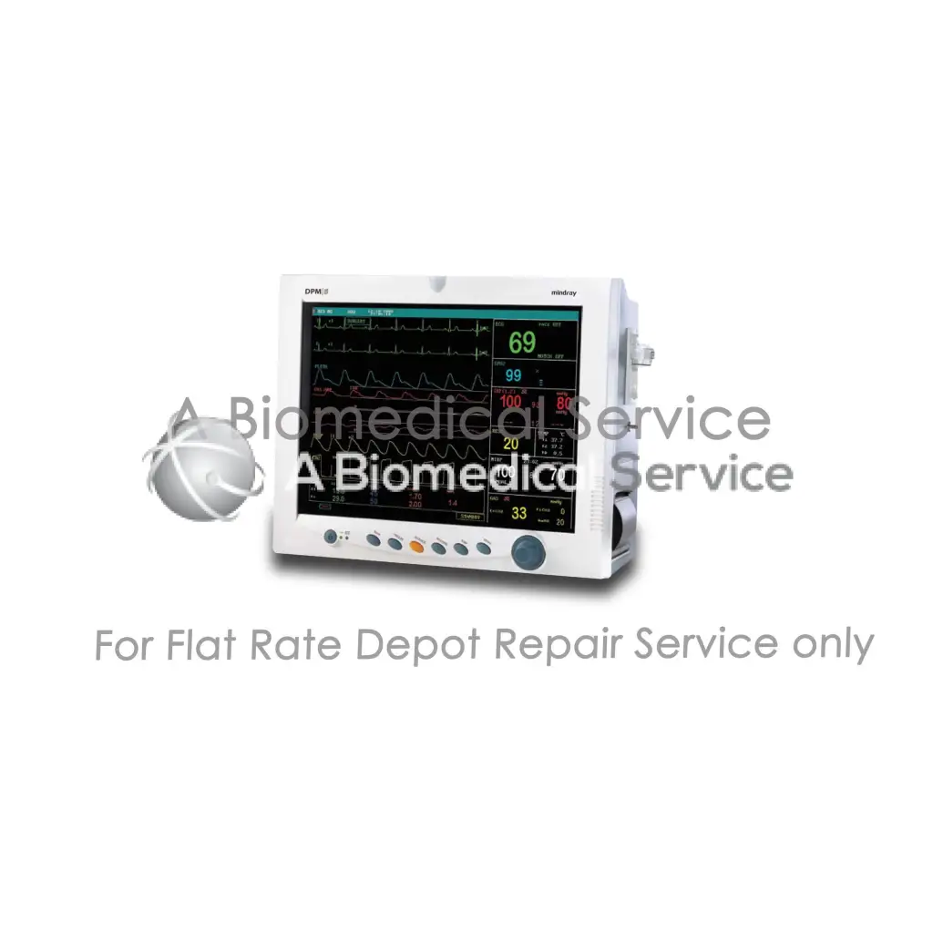 White rectangular mindray dpm5 patient monitor displaying vital signs for medical equipment repair service use