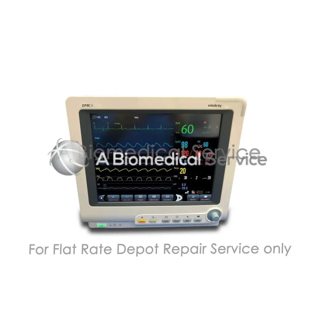 Beige mindray dpm6 patient monitor with touchscreen displaying vital signs for medical equipment repair service