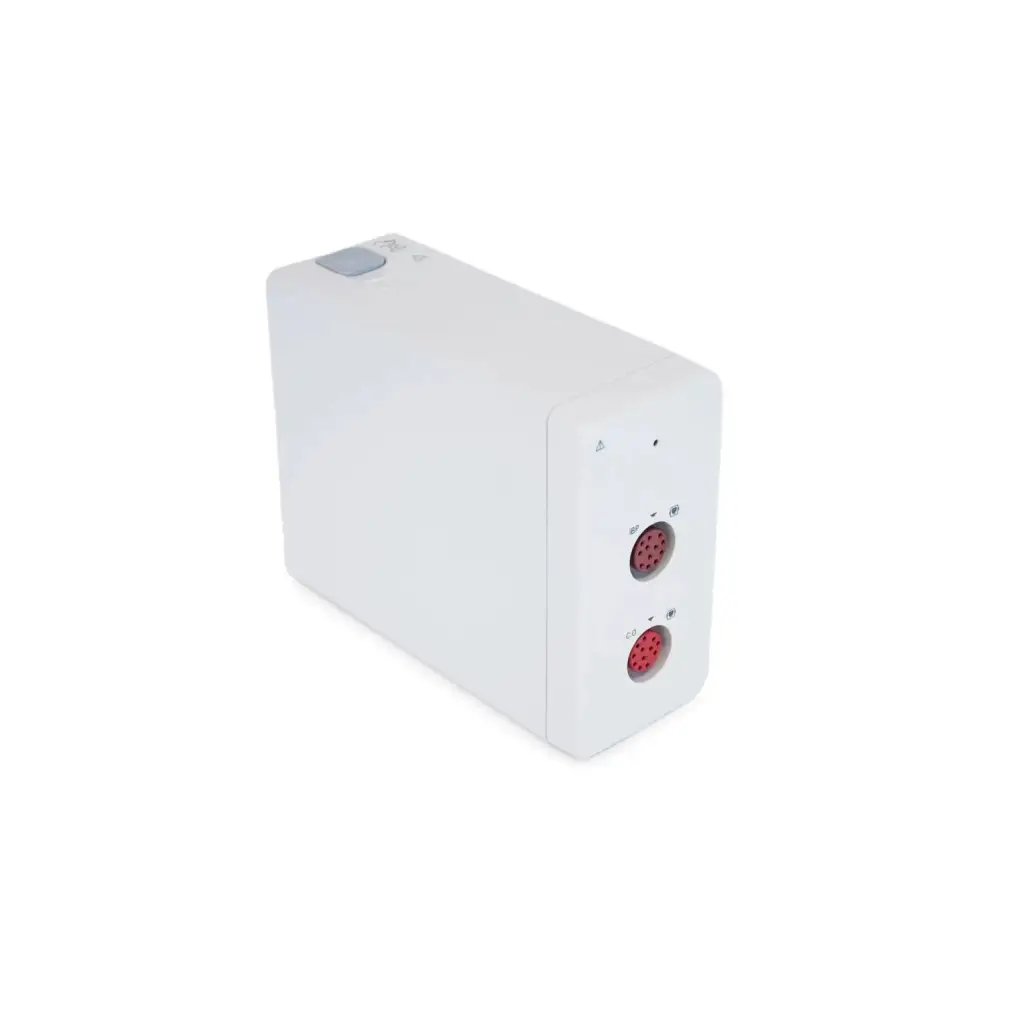 White rectangular Mindray IBP C.O. module with two red circular ports on the side and gray button on top