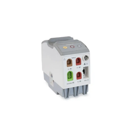 Gray and white mindray nellcor multi parameter module with multiple colored ports including red green and brown connectors