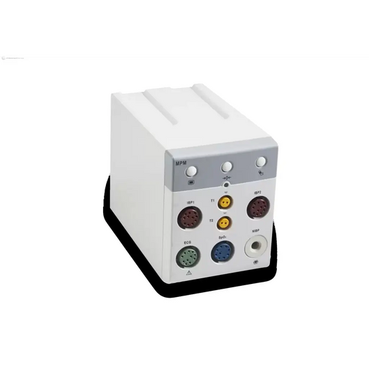 White rectangular mindray new mpm-1 medical monitoring device back side with multiple colored ports and labeled connectors